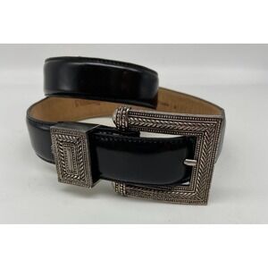 Barse‎  Leather Belt Sz S Ornate Silver Buckle & Bracelet Black Italian Leather